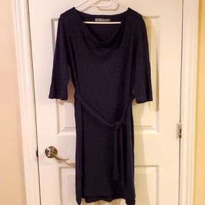 Knee Length Navy Blue Cowl Neck Dress